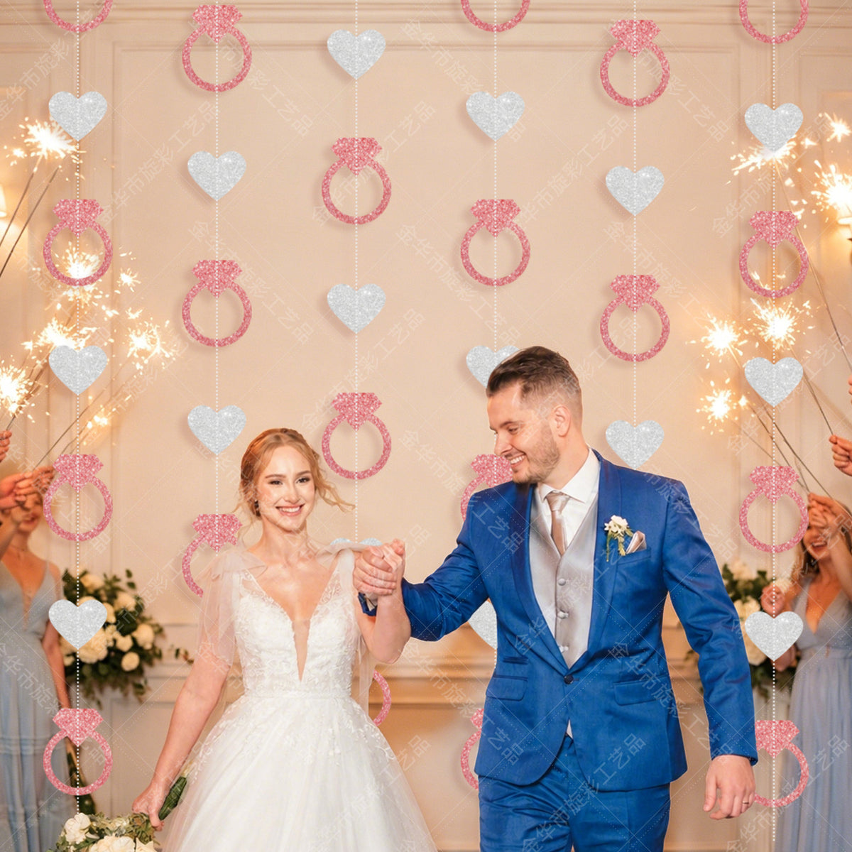 Wedding Ring and Heart Garland Streamers, 6 Strands of Hanging Glitter Ring and Heart Garlands 5ft Each Total 30ft, Pink and Silver Backdrop for Wedding, Bridal Shower and Valentine's Day Decorations