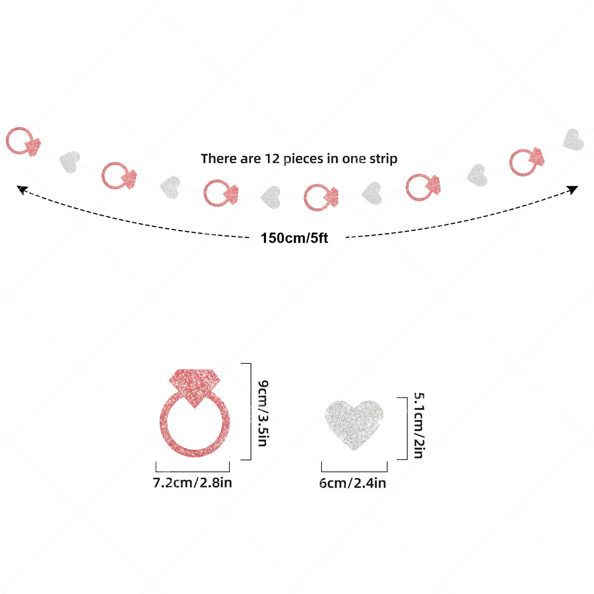 Wedding Ring and Heart Garland Streamers, 6 Strands of Hanging Glitter Ring and Heart Garlands 5ft Each Total 30ft, Pink and Silver Backdrop for Wedding, Bridal Shower and Valentine's Day Decorations