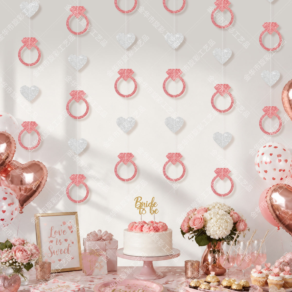 Wedding Ring and Heart Garland Streamers, 6 Strands of Hanging Glitter Ring and Heart Garlands 5ft Each Total 30ft, Pink and Silver Backdrop for Wedding, Bridal Shower and Valentine's Day Decorations